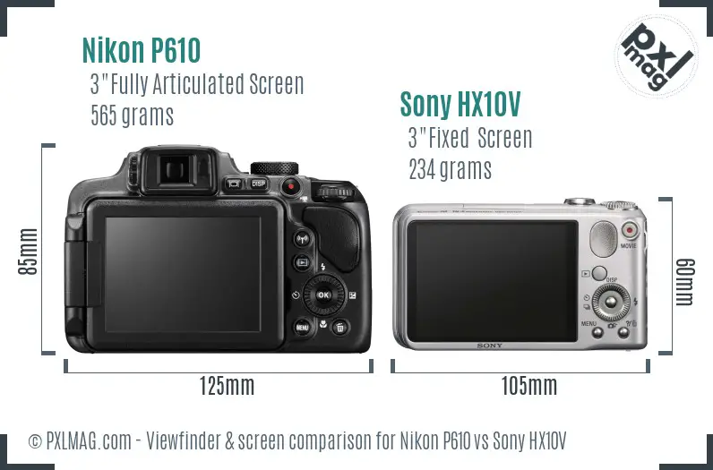 Nikon P610 vs Sony HX10V Screen and Viewfinder comparison