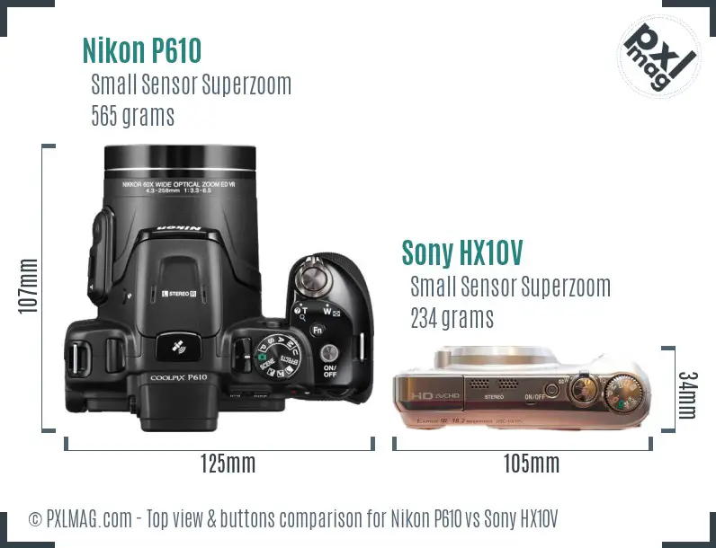 Nikon P610 vs Sony HX10V top view buttons comparison