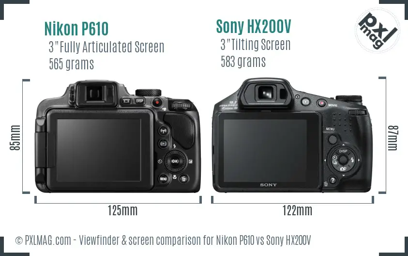 Nikon P610 vs Sony HX200V Screen and Viewfinder comparison