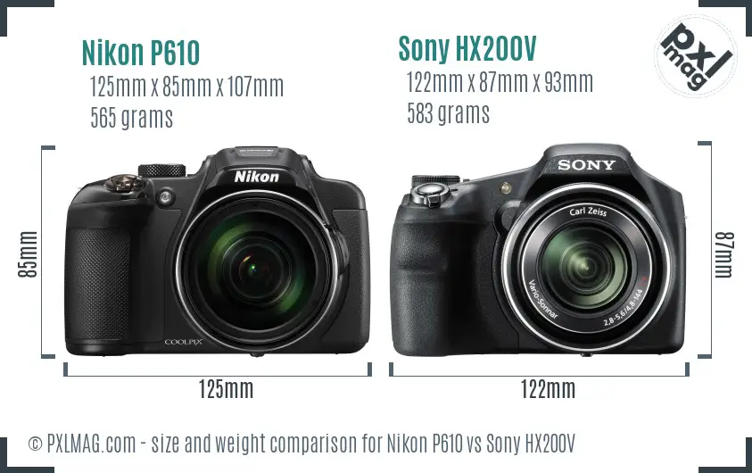 Nikon P610 vs Sony HX200V size comparison