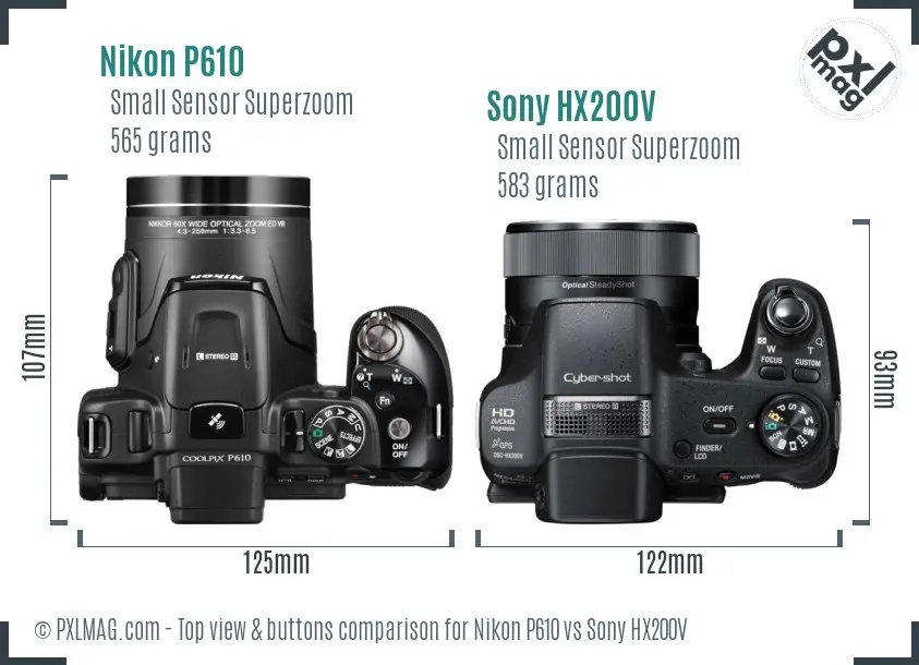 Nikon P610 vs Sony HX200V top view buttons comparison