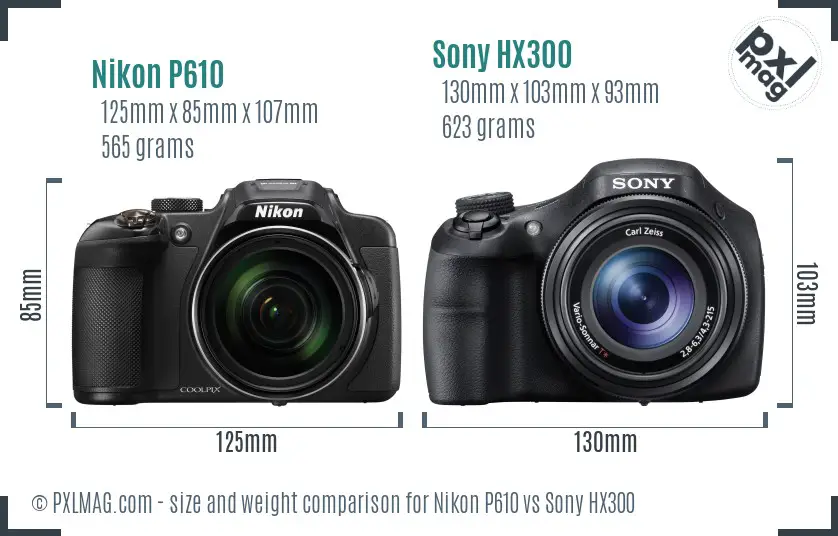 Nikon P610 vs Sony HX300 size comparison