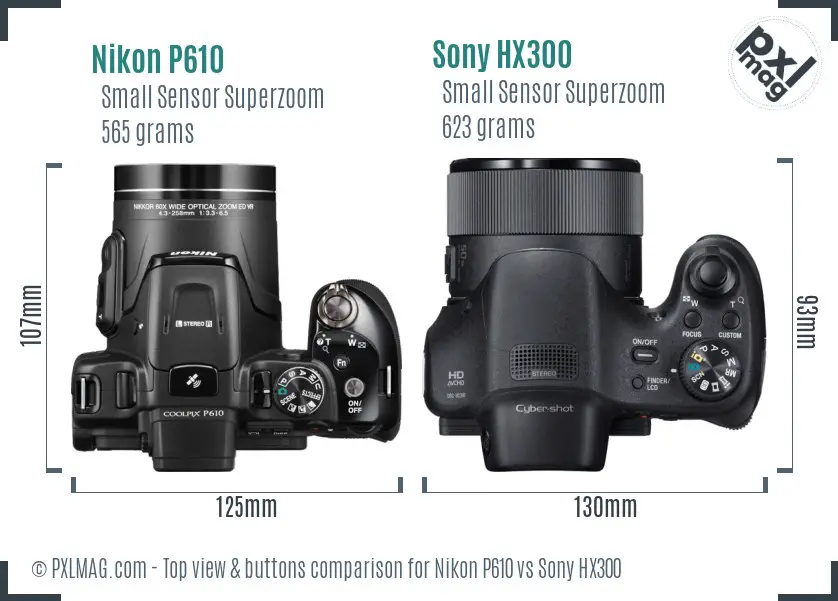 Nikon P610 vs Sony HX300 top view buttons comparison