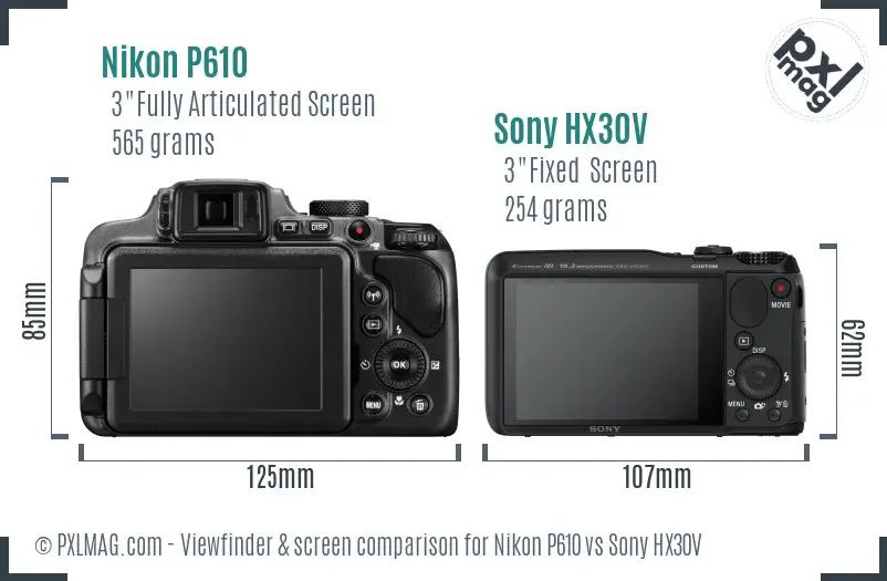 Nikon P610 vs Sony HX30V Screen and Viewfinder comparison