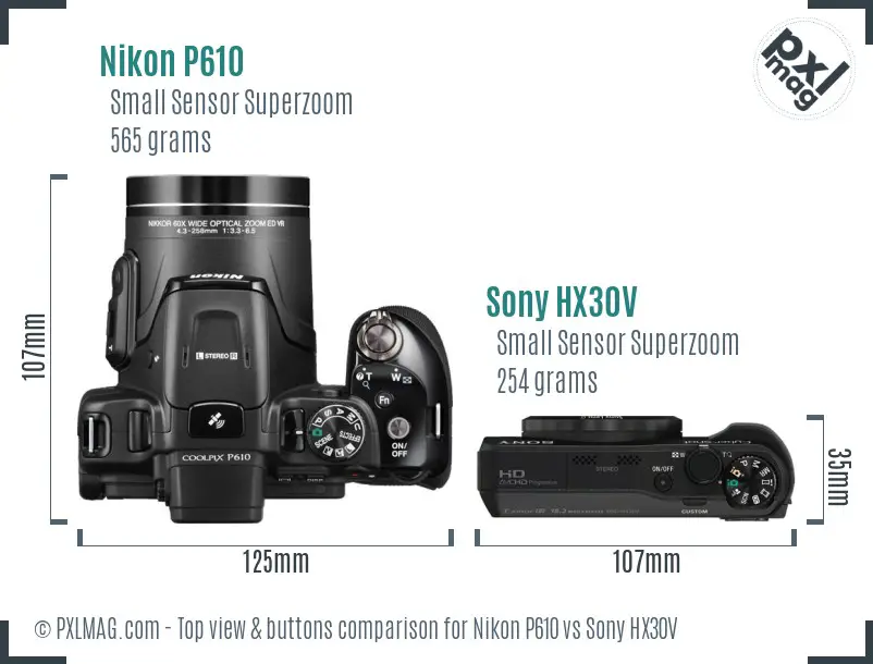 Nikon P610 vs Sony HX30V top view buttons comparison