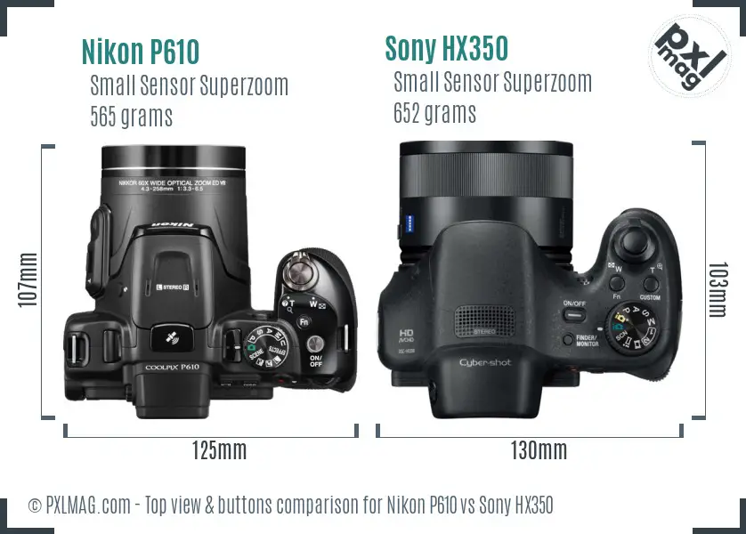 Nikon P610 vs Sony HX350 top view buttons comparison