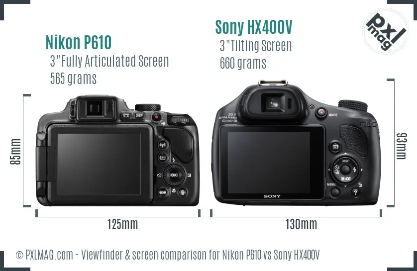 Nikon P610 vs Sony HX400V Screen and Viewfinder comparison