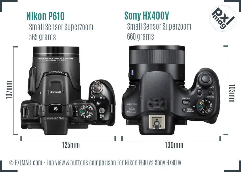 Nikon P610 vs Sony HX400V top view buttons comparison