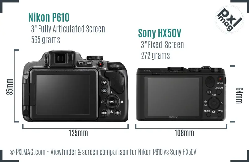 Nikon P610 vs Sony HX50V Screen and Viewfinder comparison