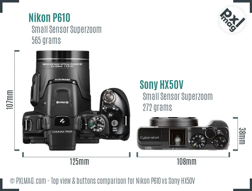 Nikon P610 vs Sony HX50V top view buttons comparison