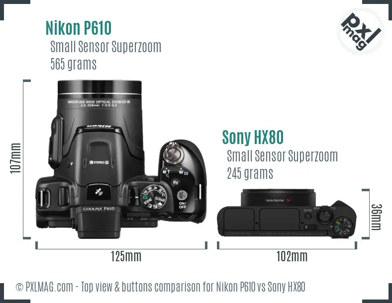 Nikon P610 vs Sony HX80 top view buttons comparison Nikon P610 vs Sony HX80 top view buttons comparison