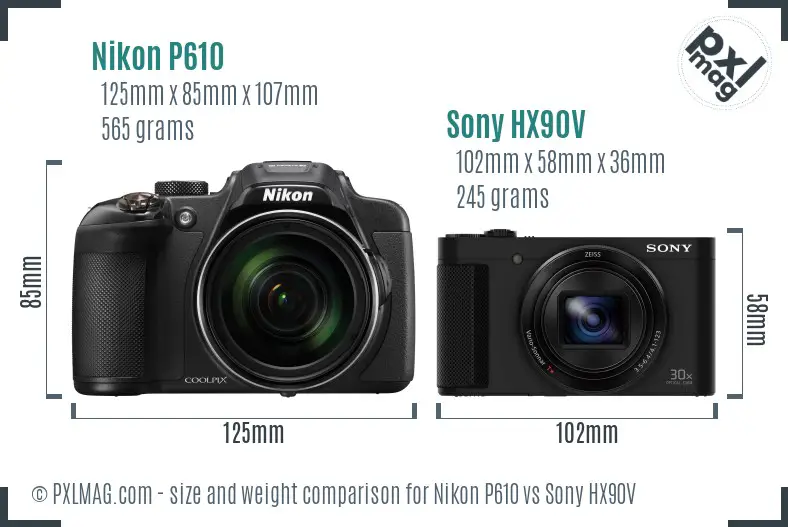 Side by side size and ergonomics comparison of Nikon P610 and Sony HX90V