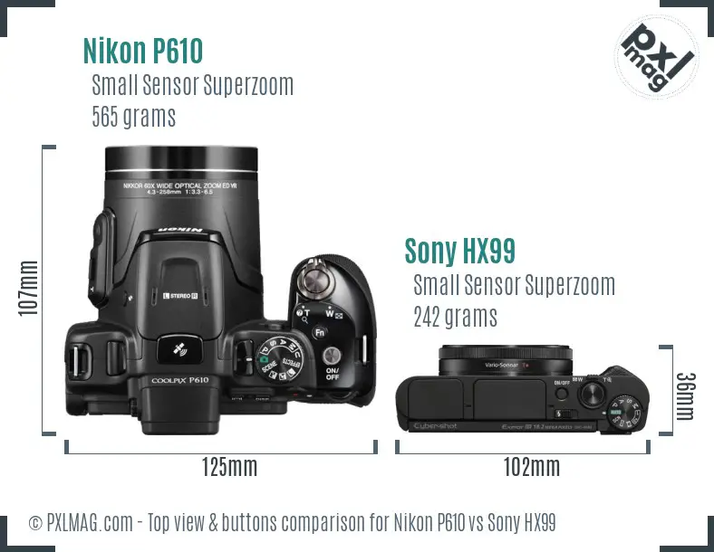 Nikon P610 vs Sony HX99 top view buttons comparison