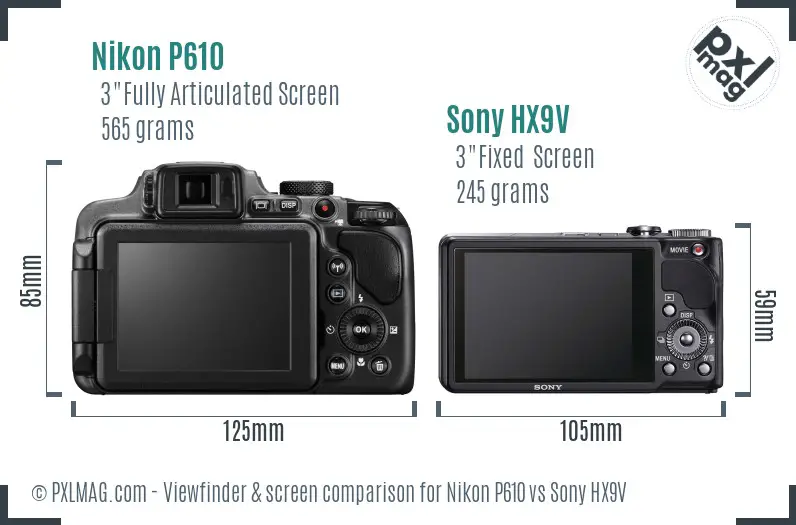 Nikon P610 vs Sony HX9V Screen and Viewfinder comparison