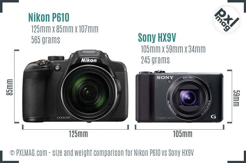 Nikon P610 vs Sony HX9V size comparison