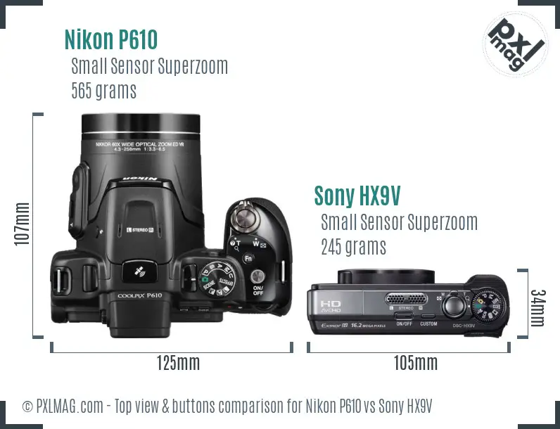 Nikon P610 vs Sony HX9V top view buttons comparison