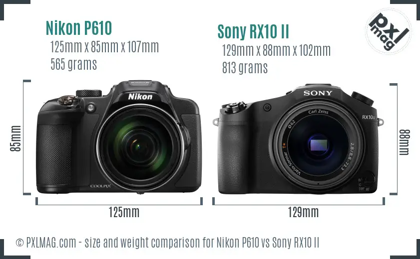Nikon P610 vs Sony RX10 II size comparison