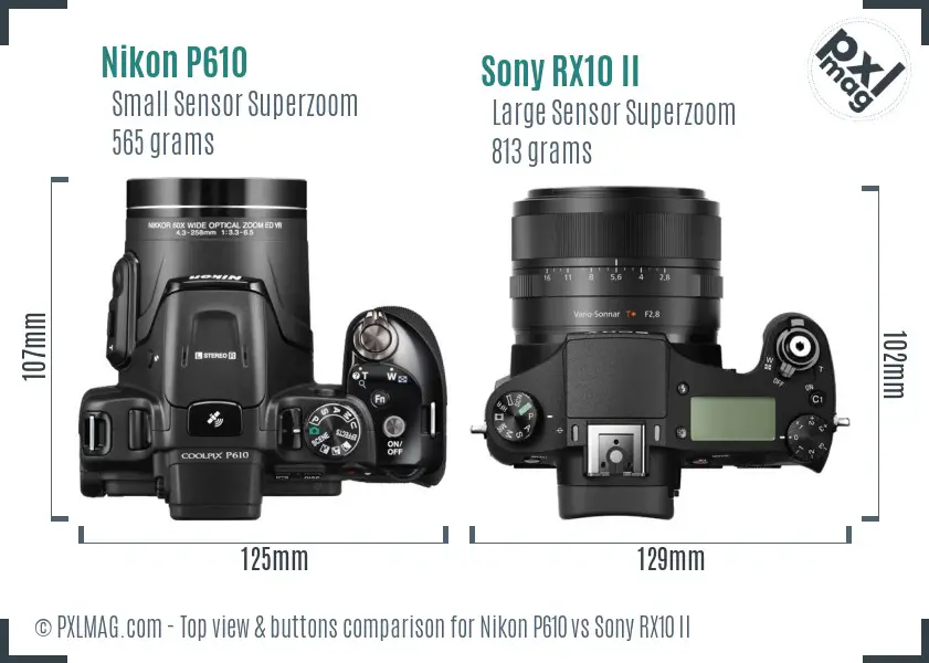 Nikon P610 vs Sony RX10 II top view buttons comparison