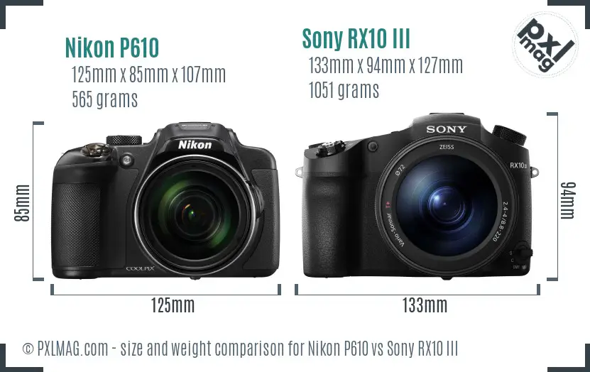 Nikon P610 vs Sony RX10 III size comparison