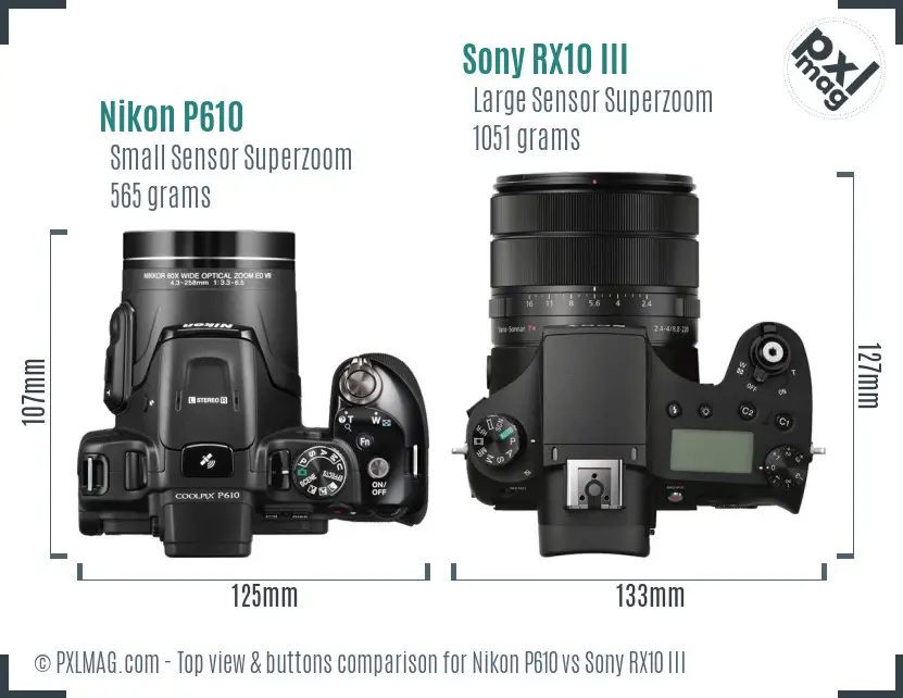 Nikon P610 vs Sony RX10 III top view buttons comparison