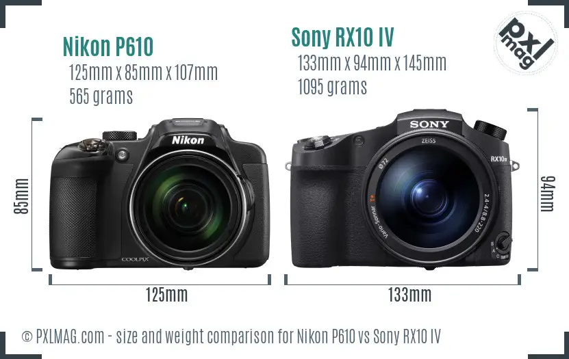 Nikon P610 vs Sony RX10 IV size comparison