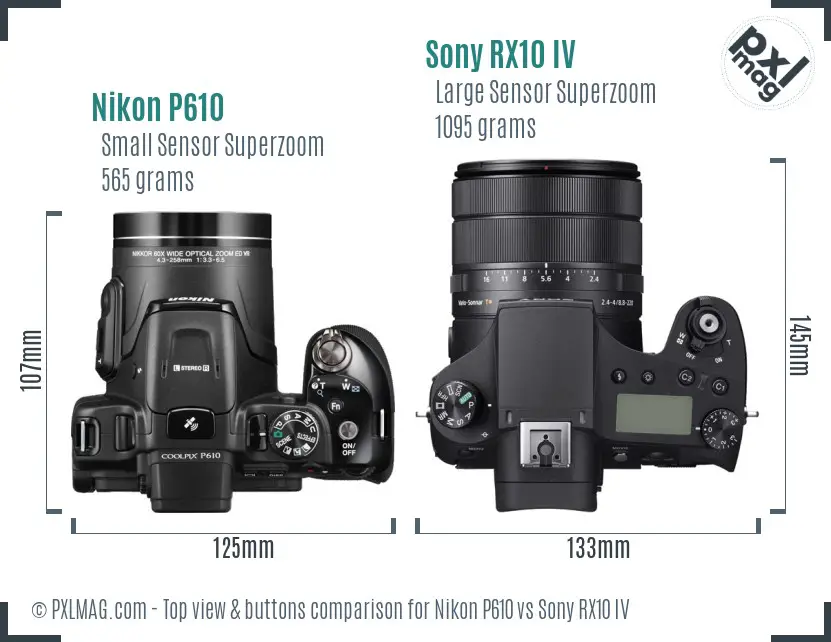 Nikon P610 vs Sony RX10 IV top view buttons comparison
