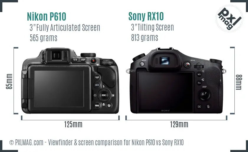 Nikon P610 vs Sony RX10 Screen and Viewfinder comparison