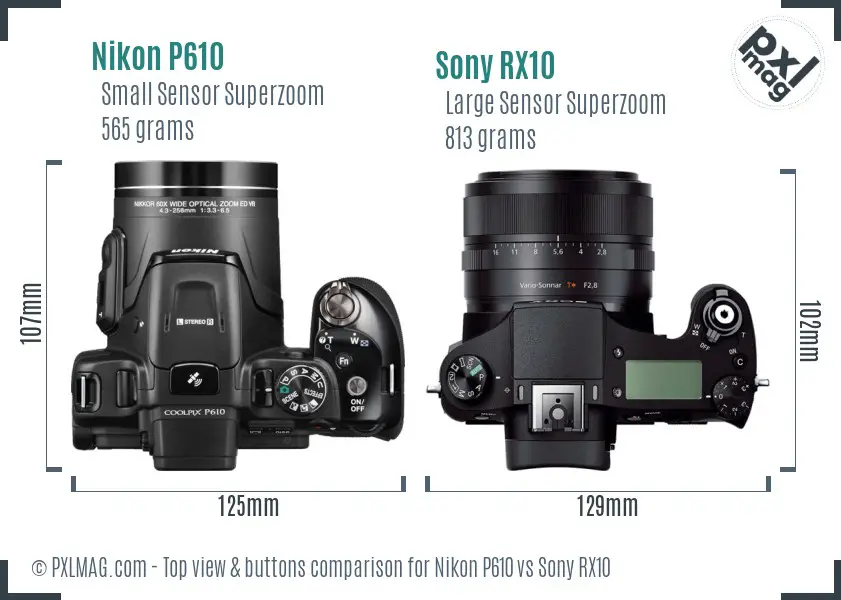 Nikon P610 vs Sony RX10 top view buttons comparison