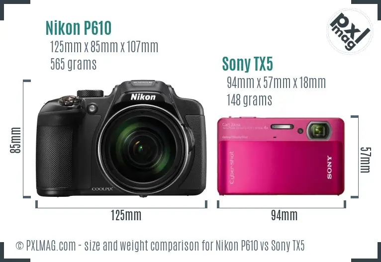 Nikon P610 vs Sony TX5 size comparison