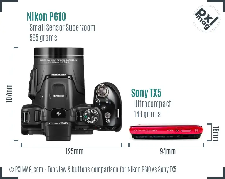 Nikon P610 vs Sony TX5 top view buttons comparison