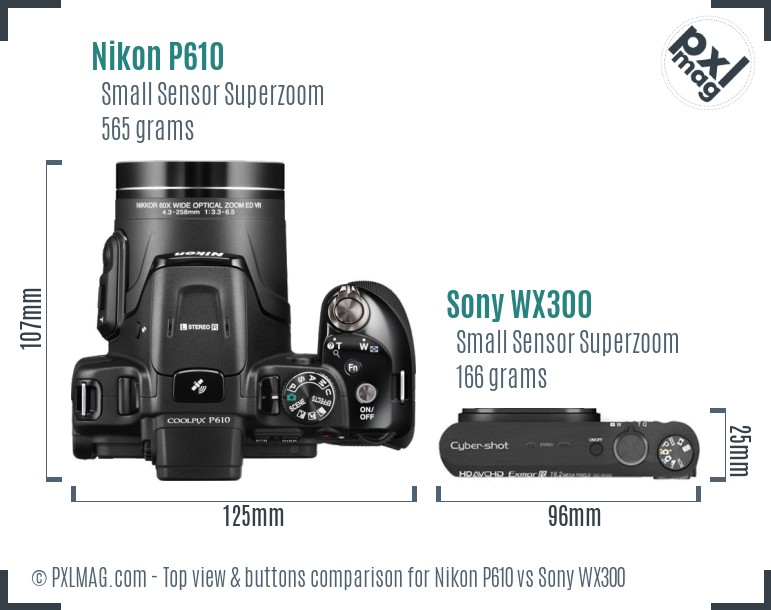 Nikon P610 vs Sony WX300 top view buttons comparison