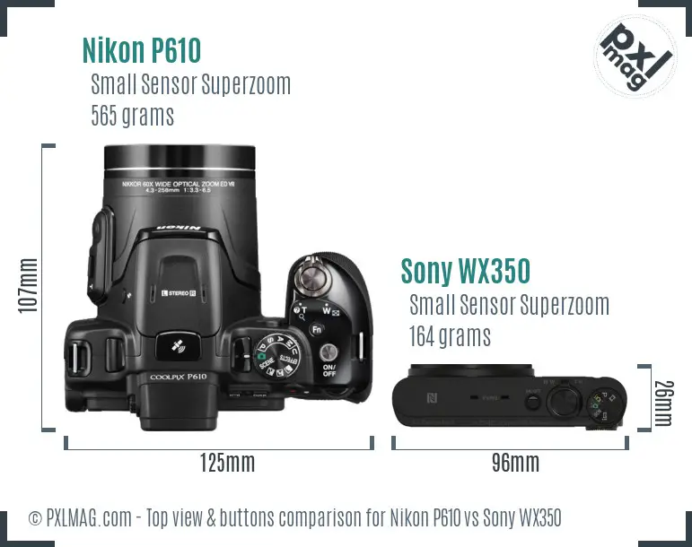 Nikon P610 vs Sony WX350 top view buttons comparison