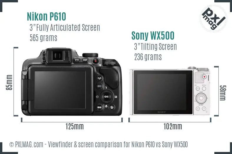Nikon P610 vs Sony WX500 Screen and Viewfinder comparison