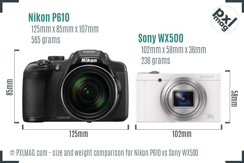 Nikon P610 vs Sony WX500 size comparison