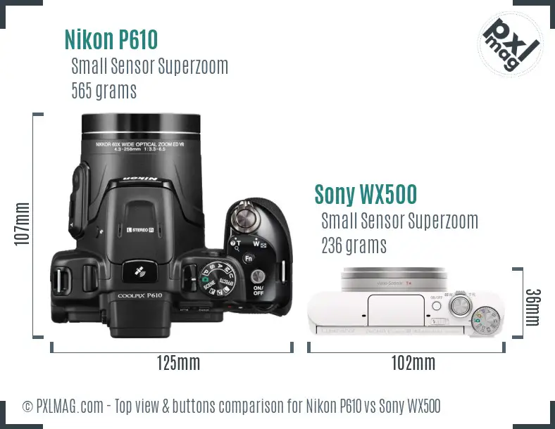 Nikon P610 vs Sony WX500 top view buttons comparison