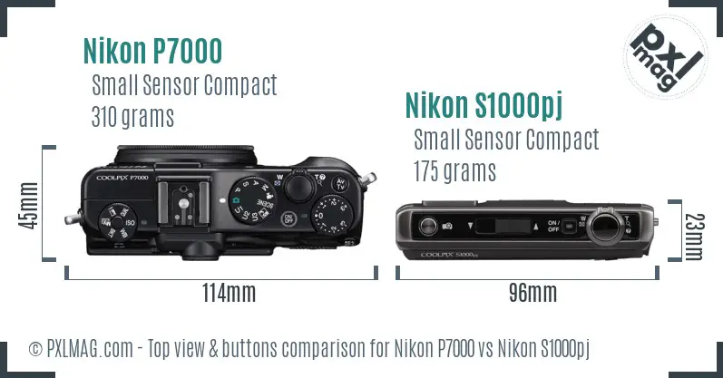 Nikon P7000 vs Nikon S1000pj top view buttons comparison