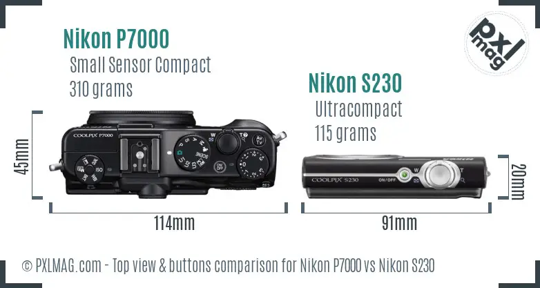 Nikon P7000 vs Nikon S230 top view buttons comparison