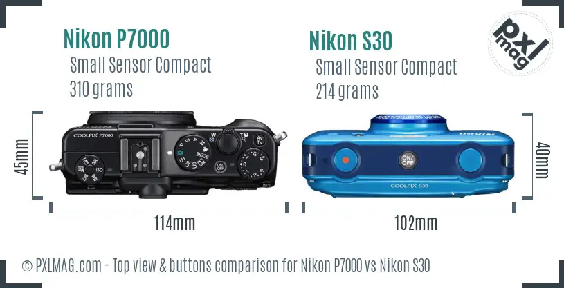 Nikon P7000 vs Nikon S30 top view buttons comparison