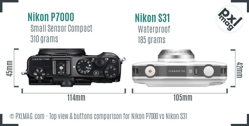 Nikon P7000 vs Nikon S31 top view buttons comparison