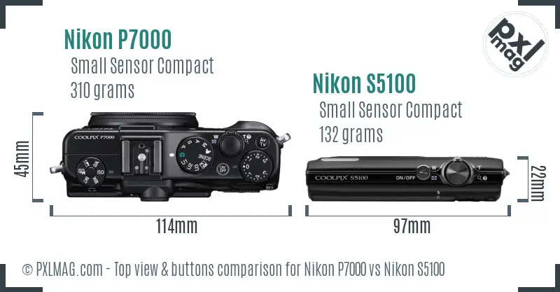 Nikon P7000 vs Nikon S5100 top view buttons comparison