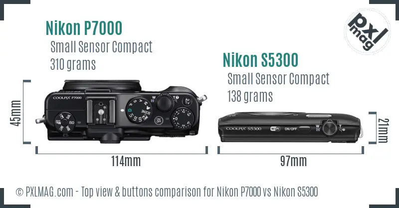 Nikon P7000 vs Nikon S5300 top view buttons comparison Nikon P7000 vs Nikon S5300 top view buttons comparison