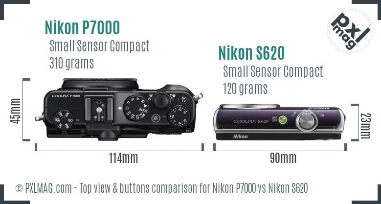 Nikon P7000 vs Nikon S620 top view buttons comparison Nikon P7000 vs Nikon S620 top view buttons comparison
