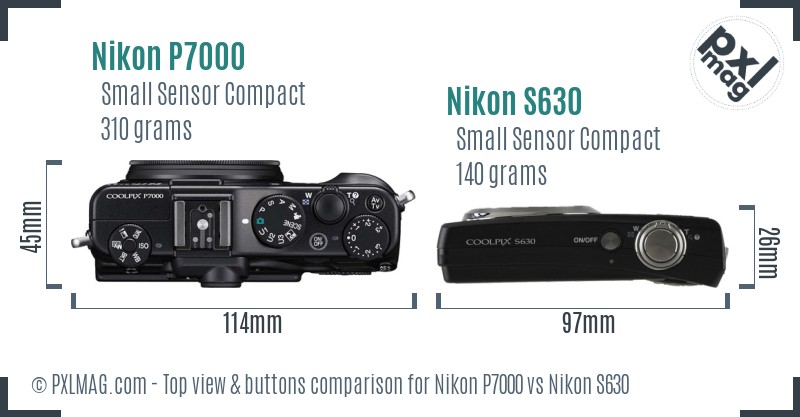 Nikon P7000 vs Nikon S630 top view buttons comparison