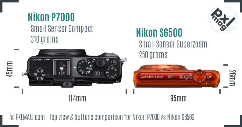 Nikon P7000 vs Nikon S6500 top view buttons comparison Nikon P7000 vs Nikon S6500 top view buttons comparison