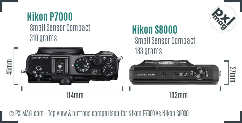 Nikon P7000 vs Nikon S8000 top view buttons comparison