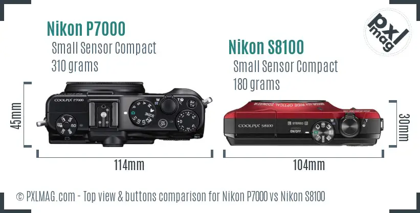 Nikon P7000 vs Nikon S8100 top view buttons comparison Nikon P7000 vs Nikon S8100 top view buttons comparison