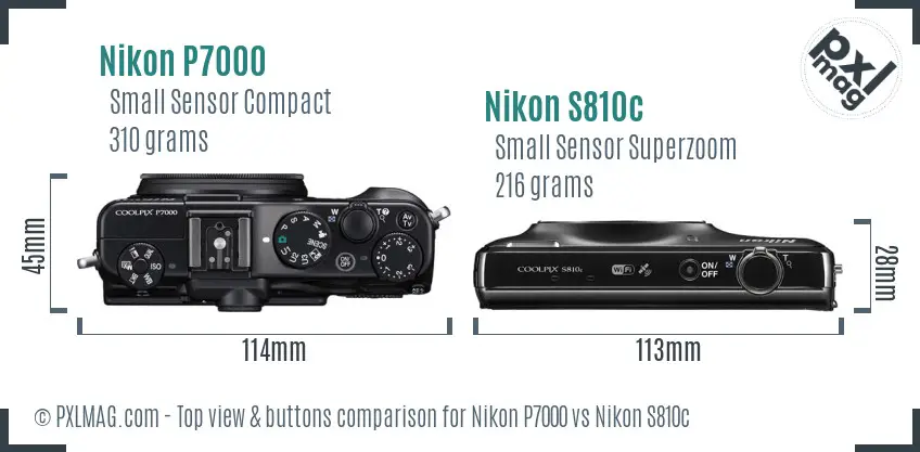 Nikon P7000 vs Nikon S810c top view buttons comparison