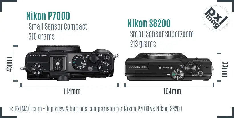 Nikon P7000 vs Nikon S8200 top view buttons comparison