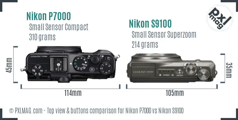 Nikon P7000 vs Nikon S9100 top view buttons comparison Nikon P7000 vs Nikon S9100 top view buttons comparison