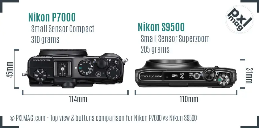 Nikon P7000 vs Nikon S9500 top view buttons comparison Nikon P7000 vs Nikon S9500 top view buttons comparison